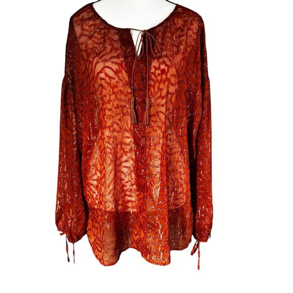Lane Bryant Blouse Womens 14/16 Burnt Orange Sheer Boho Peasant Top Long Sleeve - Picture 1 of 11
